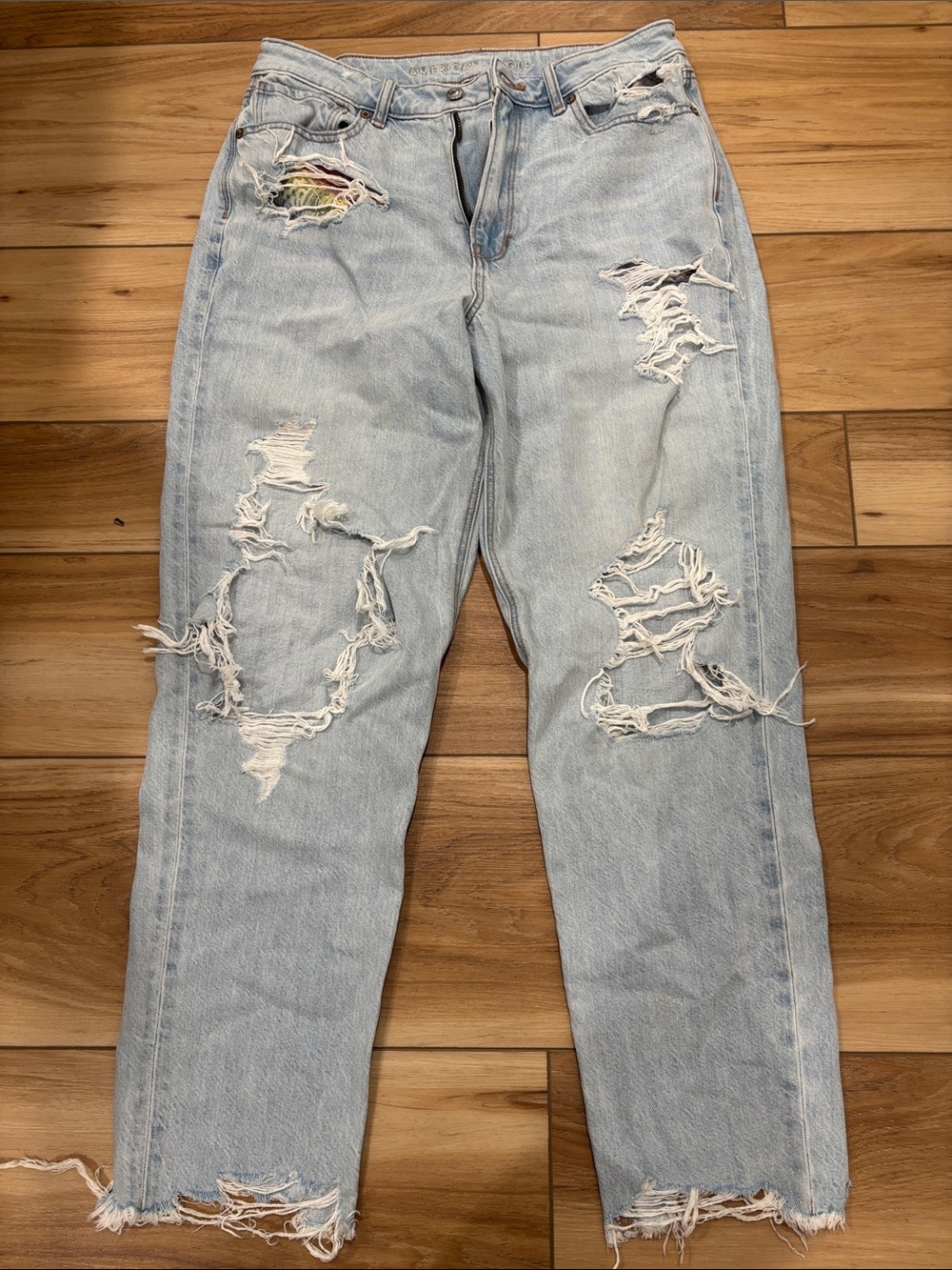 American Eagle Outfitters Light Blue Ripped Boyfriend Jeans with Rainbow Patch